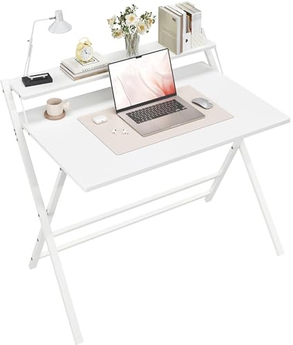 Yaheetech fällbart skrivbord, 100 cm datorbord med hylla, 2-stegs arbetsbord med bildskärmstativ, laptopbord för hemmakontor, små rum/vardagsrum, vit/100 cm L x 50 cm B