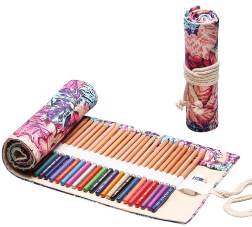 Leinwand Pencil Wrap, Mäppchen Federtaschen, Federmäppchen zum Aufrollen, Stifterolle 36 Löcher Buntstifte Federmäppchen Tragbar, Teenager Etui Stifte Pencil Case für Schule & Büro