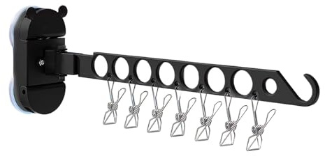 Luxvara Stendibiancheria a Ventosa Pieghevole con 7 Mollette | Appendiabiti da Muro Senza Trapano per Bagno/Balcone | 90° Girevole - Forte Adesione su Piastrelle & Vetro (Incl. 2 Ventose)