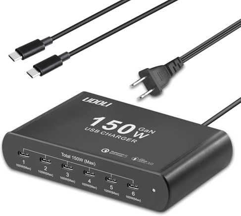 UDOLI Estación de carga de 150 W para múltiples dispositivos, 6 puertos GaN USB (100 W máx.), bloque de carga rápida PD con cable USB-C a USB C de 100 W para iPhone 16, 15, iPad Pro, tabletas, laptop