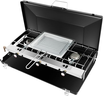 MEHOOSPVN Réchaud de camping à 3 feux - Réchaud à gaz portable avec construction d'allumage piézoélectrique, pliable pour l'extérieur, le camping, les barbecues et les excursions en famille - Propane