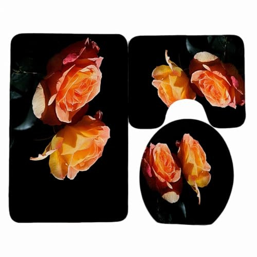 badezimmerteppich Set Retro Gelbe Blume Badezimmermatte WC Teppich Dekoration Schnell Trocknend Badgarnitur 3 Teilig Stand WC Deckelbezug Badvorleger rutschfest Waschbar 50x80 cm