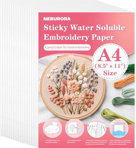 NEBURORA Bedruckbarer wasserlöslicher Stabilisator für Stickereien, 20 Stück, 20,8 x 29 cm, klebriges Stickpapier, abwaschbar, Stickerei, auflösbare Rückseite für Hand- oder Maschinennähzubehör