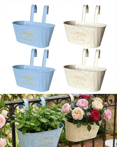 4 Pcs Retro Style Iron Hanging Flower Pots, Fence Metal Hanging Planters with Drainage Holes and Detachable Hooks, Hanging Bucket Planters for Balcony Fence Patio Garden Indoor/Outdoor Home Decor