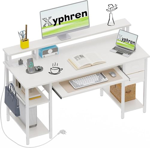 Xyphren Skrivbord med 2 lådor, Datorbord Gaming bord med tangentbordshylla, höjdjusterbar sidohylla, monitorställare och eluttag för hemmakontor och vardagsrum,140 * 50cm,Vit