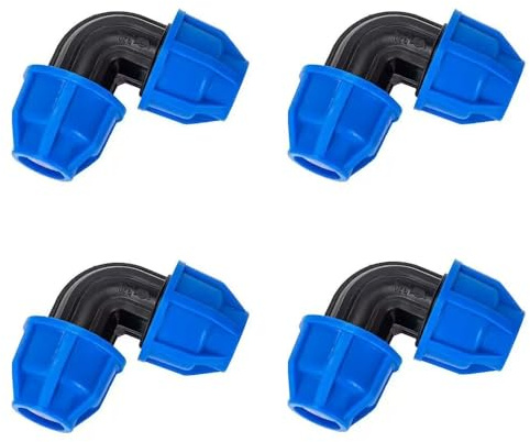 4 Stück PE Rohr 20mm x 20mm Verschraubung PN16 DVGW Trinkwasser zertifiziert, PP Fitting für PE80 PE100 Rohre Wasserleitung Kunststoff Gartenbewässerung (90 Grad Bogen 20mm PE Rohrverbinder)