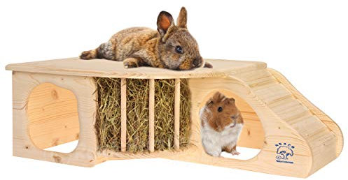 Resch Nr11 Nagerhöhle XL naturbelassenes Massivholz aus Fichte/mit Treppe zur Liegeterasse, integrierter Heuraufe, großen Eingängen und gerundeten Ecken / 60 x 19,7 x 37cm