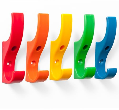 Toughook Mini Unbreakable Hooks 5 Pack (Rainbow) Tough Heavy Duty Plastic Hook. Wall Mounted Pegs for Bathroom, Kitchen, Bedroom, Bag, Hat, keys, Coats. Child-Friendly Design for School, Home & Office