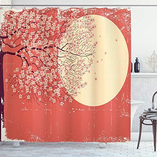 ABAKUHAUS Primavera Cortina de Baño, Flores de Sakura de la Cereza, Material Resistente al Agua Durable Estampa Digital, 175 x 180 cm, Coral pálido Amarillo del Ciruelo