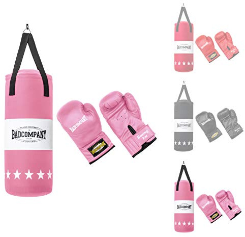 Bad Company Juego de boxeo para niños y adolescentes de hasta 12 años, color rosa, saco de boxeo relleno de 55 x 25 cm y guantes de boxeo para niños de 8 oz, juego de saco de boxeo colgante