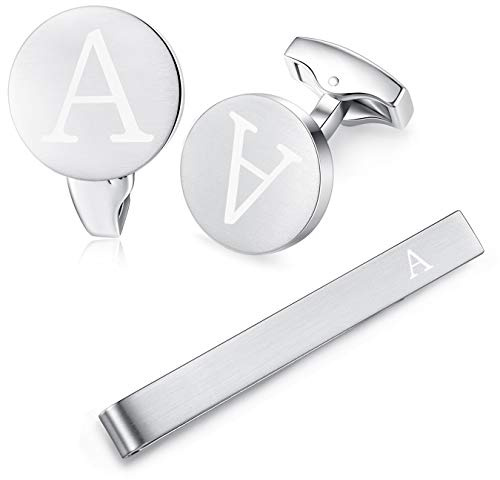 HONEY BEAR Manschettknappar & slipsnål set initialer bokstav män rostfritt stål bröllop manschettknapp silver, A-Z, återanvändbar