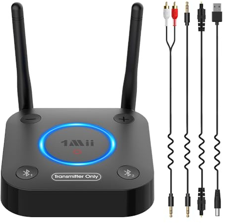[Upgraded]1Mii B06TX Bluetooth 5.3 Transmitter for TV to Headphones, Long Range Bluetooth Audio Transmitter w/Volume Control, Digital Optical TOSLINK Coaxial RCA 3.5mm Audio for TV, aptX Low Latency