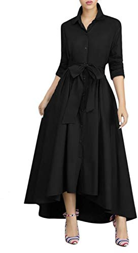 VERWIN Women Long Sleeve Loose Elegant Maxi Dress Button Down Up Shirt Long Dress with Pockets and Belts (X-Large, Black)