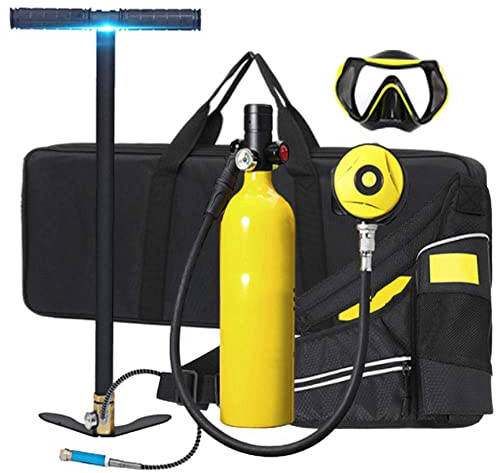 XSGDMN Scuba Diving Tank, 1L Tauchende Sauerstoffflasche mit 15-20 Minuten Kapazität, Mini Tauchflasche mit Hochdruck Luftpumpe, nachfüllbarem Design, für Reisen und Tauchen,Gelb