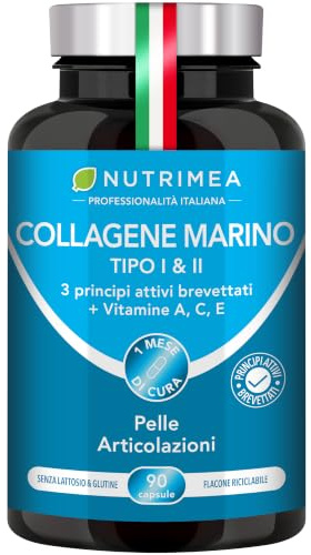 Collagene Marino Idrolizzato Puro | 900 mg | Tipi I & II Brevettati Con Vitamine A, C ed E di Origine Vegetale | Idratazione della Pelle | Supporto per Ossa e Articolazioni | 90 Capsule | Nutrimea