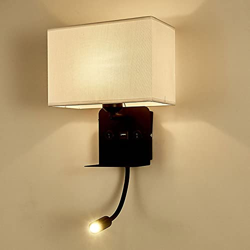 LANMOU Applique Murale Intérieure avec Flexible LED Liseuse, Applique de Chevet avec Port USB Applique et Étagère, Lampe Murale de Chambre à Coucher avec Abat Jour Tissu,Warm Light Reading Light,D
