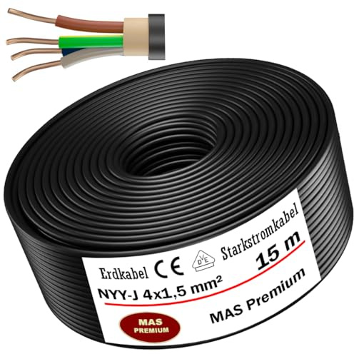 MAS Premium Câble d'alimentation souterrain NYY-J, 5, 10, 15, 20, 25, 30, 35, 40, 50, 60, 70, 75, 80, 90 ou 100 m, 4 x 1,5 mm², câble électrique avec anneau pour pose en extérieur, en sous-sol (15 m)