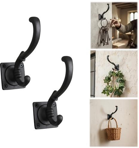 SaKeGa Mystic Colonial, ganci da parete medievali forgiati a mano (set da 2) rivestiti di nero, rustici resistenti, per cappotti, mantelli, chiavi e decorazioni per la casa