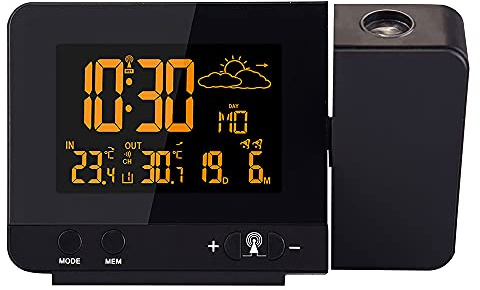 Alarm Clock,Projection Digital Alarm Clock with Outdoor Sensor,Personal Weather Station for Bedroom, Projector Dimmable Clock Dual Alarms LCD Display Date Time Temperature Humidity USB Charge Port