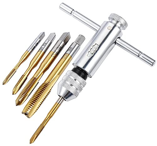 Gueenky Gewindeschneider Set Verstellbarer, Gewindeschneider M3 M4 M5 M6 M8, T Griff Windeisen Ratsche, Gewindeschneider Handgewindebohrer, HSS Gewindebohrer Set mit Werkzeughalter mit Ratsche