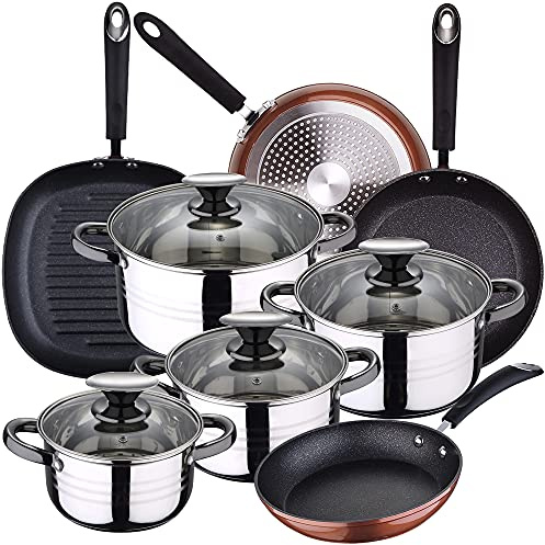 San Ignacio Bateria de cocina 8 piezas Dina, acero inoxidable, con juego sartenes (20/24/28 cm) y grill 28 cm Moma en alumino forjado