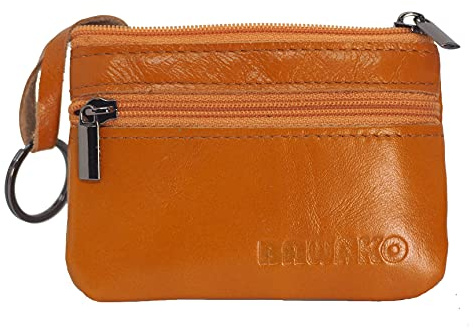 BAWAKO Münzbörse aus echtem Leder, Klein Münzen Geldbörse für Herren und Damen, mit Zwei Fächern, Reißverschluss, Schlüsselanhänger，Mini Coin Purse Wallet, Portemonnaie, S (Orange)