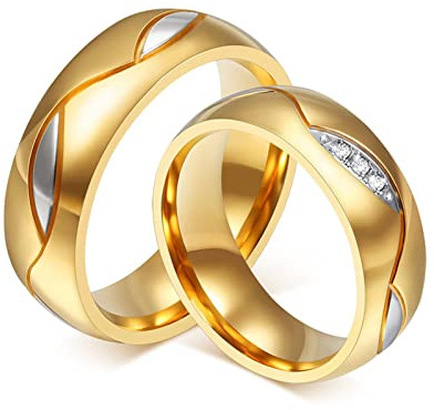 Dsnyu Paar Ringe für Sie und Ihn mit Gravur, Eheringe Edelstahl Paar Schlicht 6MM Breite Runden Zirkonia Poliert Partnerringe Vergoldet PaarpreisDamen Gr. 62 (19.7) & Herren Gr. 67 (21.3)