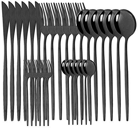 Geschirr Set 18/10 Edelstahl 30 stücke Grün Gold Besteck Set Geschirrmesser Salat Gabel Löffel Besteck Set Spülmaschine Safe essgeschirr (Color : Black)