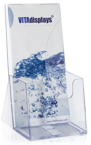 DIN lungo – trifold – Espositore da tavolo come supporto per volantini con profondità extra, supporto per volantini DL trasparente e porta volantini da tavolo per volantini, cataloghi e volantini