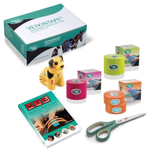 VETKIN VetkinTape Einführungsangebot | Kinesiologie Tape für Pferde und Hunde | Buch zum Taping von Hunde | Tierärztliches Kinesiotapes in 3 Größen (3cm, 6cm & 10cm) | Mit Premium-Schere