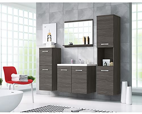 MINIO go for it - Badmöbel Set 4-Teilig Molo, Badezimmer Spiegel mit Ablage | 1x Waschtisch mit Unterschrank, 2x Hängeschrank, Badezimmermöbel Set - Laminierte Spannplatte, Bodega Kiefer