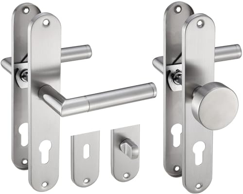 Stahlia Langschild Drückergarnitur Edelstahl glanz poliert ELEN | WC - Badezimmer | Türbeschlag für Innentüren, Zimmertüren, Eingangstüren für Türstärke 20 – 47 mm | Befestigungsmaterial