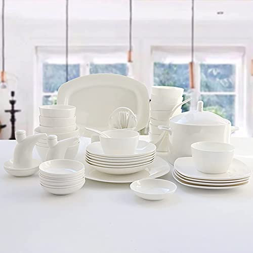Service de table carré, service de vaisselle de cuisine en porcelaine blanche avec bols de céréales, assiettes à dessert allant au micro-ondes et au four (service de 56 pièces pour 12 personnes) (serv