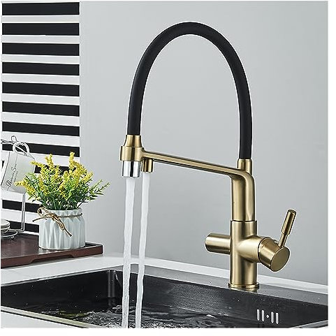 Rubinetto da cucina in oro spazzolato Acqua filtrata Doppio beccuccio Funzione di purificazione Rubinetto da cucina Gru da cucina girevole a 360 gradi (Color : Brushed gold)