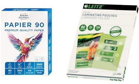 AVERY Zweckform 2563 Drucker-/Kopierpapier & Leitz Heißlaminierfolien A4 80 mic, Hochwertige Laminierfolien im 100er Pack