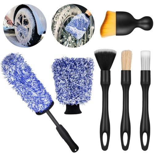 SAMSYOKI Spazzola per Cerchioni Auto e Guanti da Lavaggio in Microfibra con 4 Pennelli Detailing, Spazzola Cerchi Auto Spazzola Pulisci Cerchioni Auto per Tutti i Tipi di Cerchioni (Blu)