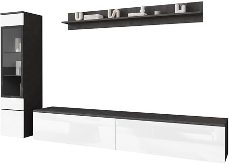 Mirjan24 Wohnwand Doppo I, Schrankwand, griffloses Öffnen, Fernsehschrank, Anbauwand, Mediawand, Wandregal, TV-Lowboard, Hängevitrine (Matera/Weiß Hochglanz, ohne LED Beleuchtung)