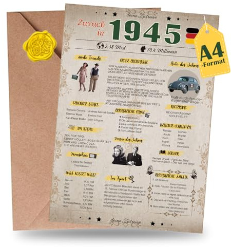 Sugeru Besondere Geburtstagskarte mit Umschlag | Jahrgang Geschenk | geburtstag frau mann | Geburtstagsdeko lustig,Tolle Geschenkidee,Chronik,Karte,Jubiläum- DIN A4 (1945)