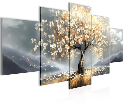 Runa Art - Bilder Baum des Lebens 200 x 100 cm 5 Teilig XXL Wanddekoration Design Grau Gold Abstrakt 054451a