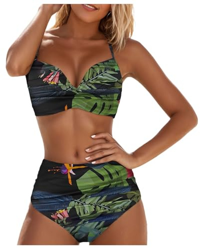 Generisch Bikini da donna con seni grandi, motivo floreale senza ferretto, a vita alta, con reggiseno push up, allacciatura al collo, bikini sportivo, 164 Curvy, costume da bagno in due pezzi, 01