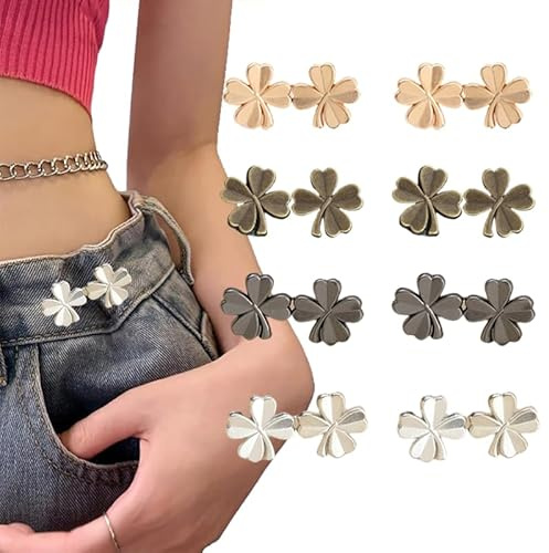 Clover Jeans Knopf, Hosen-Taillenspanner, verstellbare Taillenschnallensets und kein Werkzeug, abnehmbare dekorative Taillenschnallen, Jeansknöpfe für lose Jeans, Hosen, Röcke (kein Nähen) (Kleeblatt