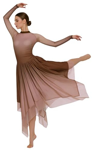 FEESHOW Damen Lyrisch Tanzkleid Langarm Farbverlauf Salsa Walzer Kleid Unregelmäßiger Saum Ballroom Tanzkostüme