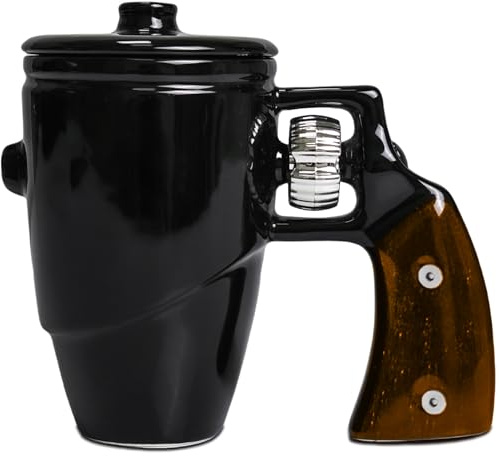 ZONSUSE Revolver Gun Mug with Lid, Novelty Ceramic Coffee & Tea Cup with Spin Wheel Handle, 3D Pistol Gag Gift Mugs, Ideal Military Gifts for Men, Coworker & Gun Enthusiasts, 500 ml (Revolver Black)