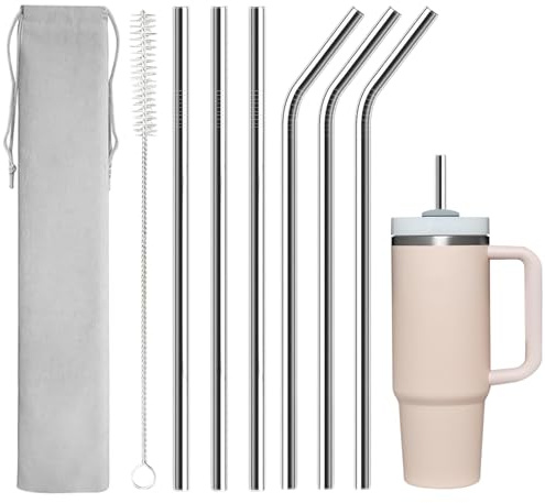 Lot de 6 pailles réutilisables en acier inoxydable de qualité alimentaire avec 2 brosses de nettoyage, sac de rangement, pour cocktails, smoothies, jus de fruits, milkshake