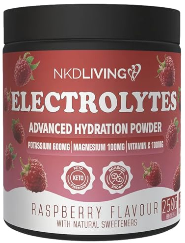 NKD Living Advanced Electrolyte Powder 250g (50 Servings) Raspberry Flavour - with Added Astaxanthin and Vitamin C