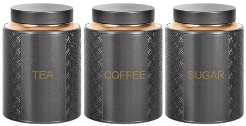 Bayseun Tea Coffee Sugar Canisters, Set of 3 Tea Coffee and Sugar Canisters for Home, Easy Open & Airtight Lids, Decorative Food Caddy, Kitchen Storage Jars, Decorative Stainless Tins (Silver Pattern)