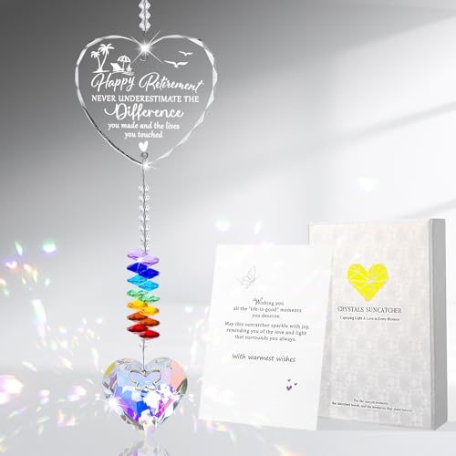 Hoemwarm Crystal Suncatcher Retirement Gifts for Women Men | Heart Crystal Suncatcher Gift for Retirees, Prism Rainbow Maker Window Hanging Decor