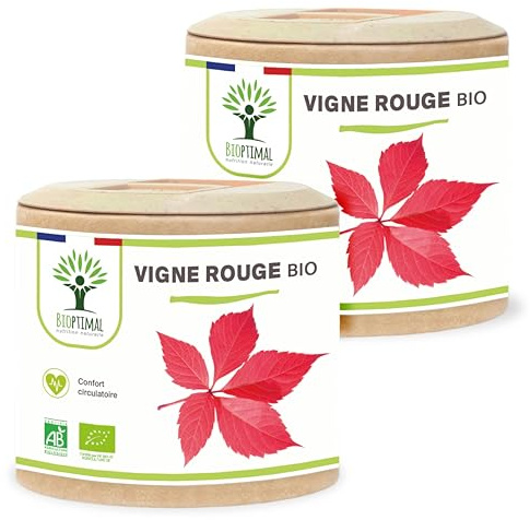 Vigne rouge Bio - Complément alimentaire Bioptimal - Jambes Lourdes Peau Saine Circulation Sanguine - 300 mg de Feuille de Vigne x gélule - Made in France - Certifié Ecocert - 2 x 60 gélules