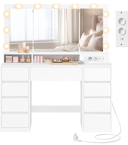 VASAGLE Kailyn Colección - Tocador con 3 Espejos Plegables, 11 Bombillas, Regleta, 9 Cajones, 3 Colores de Luz, Mesa de Maquillaje, Instalación de Rieles sin Herramientas, Blanco Nube RDT146WB01