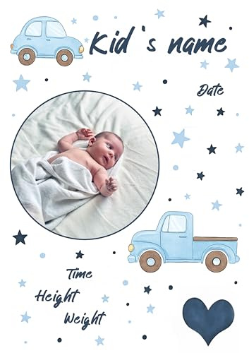 Ferocity Personalisierte Baby Geburtsdatendecke mit Namen & Foto 80x120 cm | Weiche Minky Kuscheldecke für Neugeborene, Jungen & Madchen | Baby Decke mit Auto | Geschenk zur Taufe & Geburt [081]